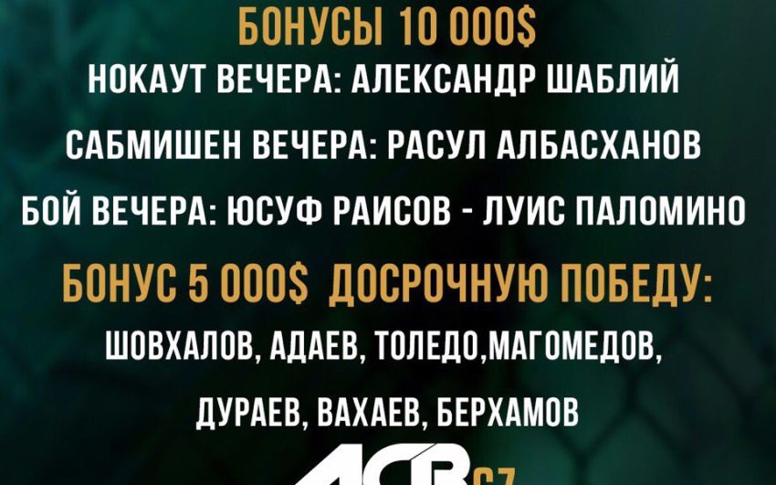 Бонусы после турнира ACB 67