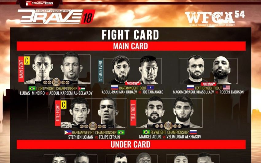 Прямая трансляция WFCA 54/Brave CF 18: Лукас Минейро – Абдул Карем Эль-Сельвади