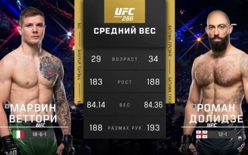 Видео боя Марвин Веттори – Роман Долидзе UFC 286