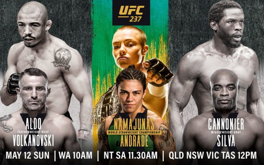 Прямая трансляция UFC 237: Роуз Намаюнас - Джессика Андраде, Андерсон Сильва - Джаред Каннонье, Жозе Алдо - Алекс Волкановски
