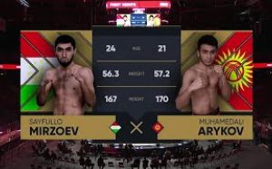 Видео боя Мухамедали Арыков - Сайфулло Мирзоев AMC Fight Nights Global & "Стальное сердце"